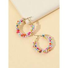 1pair Fashion Beaded Hoop Earrings For Women For Ear Decoration - 彩色 - 查看 2