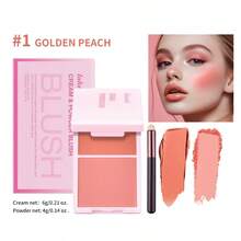 2IN1 Pink Blush Matte Dewy Rosy Blush With Brush Makeup Pan Long Wearing High Pigment Orange Red Cream & Powder Blush Palette - 彩色 - 查看 14