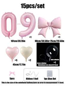15pcs Pink Birthday Party Decorations, 40-Inch Pink 0-9 Foil Balloons, 18-Inch Clear Balloons, Pink Bow Balloons, 18-Inch Pink Cream Heart Balloons Suitable For Birthday Party, Princess Birthday, Anniversary, Room Decor - View 7