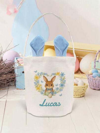 2pcs/Set Customized Easter Basket With Rabbit Handle - Personalized Easter Egg Hunt Tote Bag - Holiday Easter Party Bag, Fun Design, Party Decor, Suitable For Holiday Gifts, Spring/Summer Party Decoration
