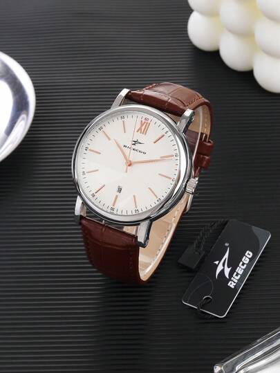 RICECGO A Men's Business Quartz Watch, Featuring A Minimalist Design With A Classic Leather Strap. An Essential Accessory For Professional Attire, Commuting, And Formal Wear.