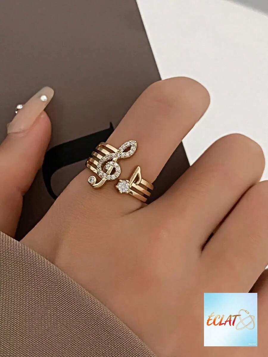Rhinestone Music Note Decor Cuff Ring GK4O - Bạc - Xem 1
