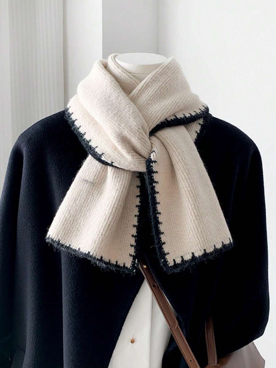 1pc Beige Knitted Scarf, Soft & Warm Knitted Thick Scarf For Women In Winter, Unisex Student Couple Neck Warmer