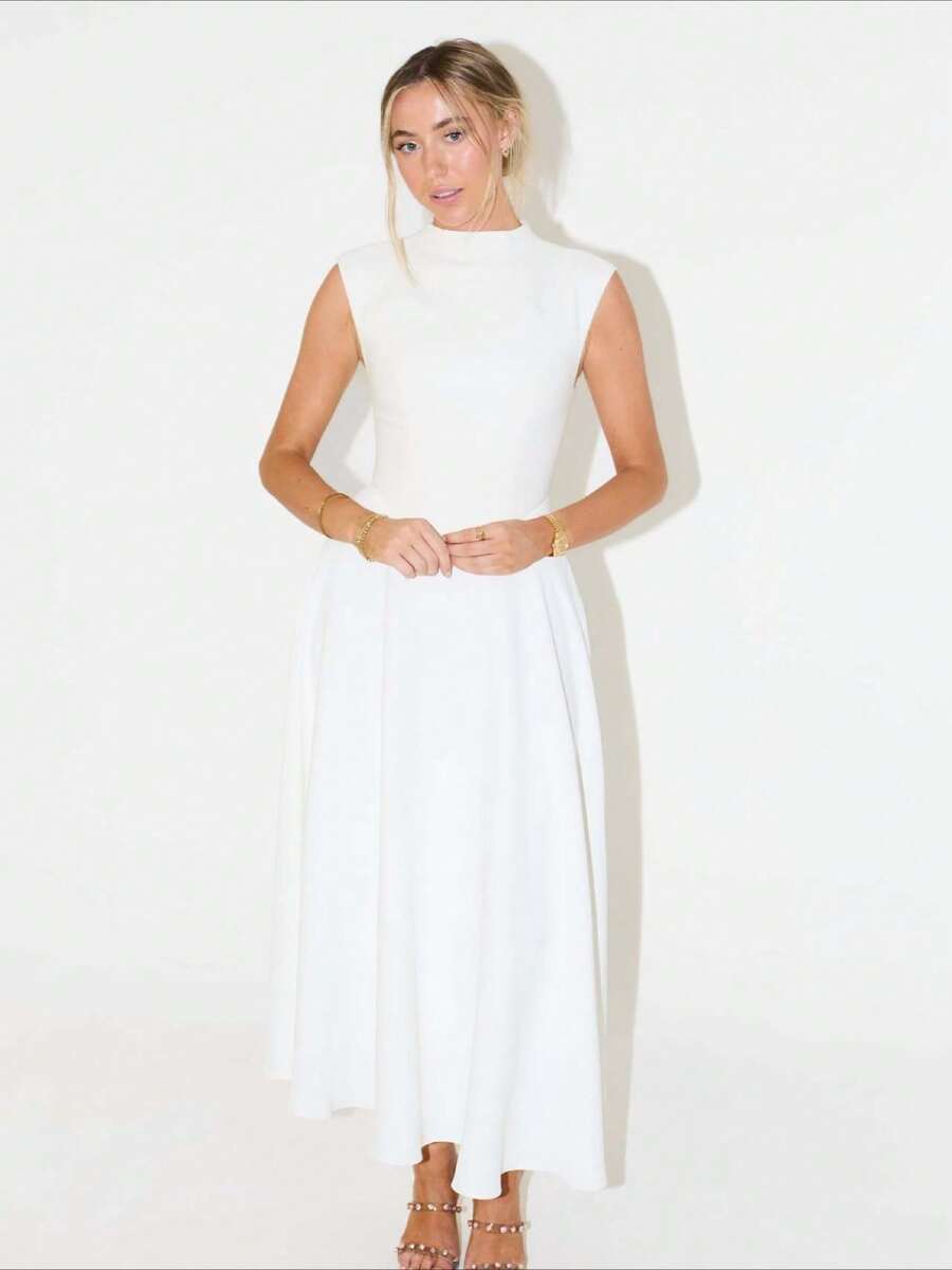 New European French Style Elegant Solid Color Minimalist Dress For Women - trắng - Xem 1