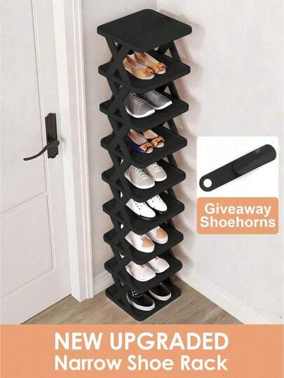 9/6-Tier Narrow Shoe Rack, Upgraded Compact Vertical Shoe Organizer For Entryway, Closet, And Hallway, Space-Saving, Sturdy Metal Frame With Easy Assembly, Multi-Section Storage For Flats, Sneakers, Boots, And Heels, Black And White Finish, Modern Indoor Organizer With Construction, Keeps Footwear Neatly Separated And Accessible, Adjustable Shelving, Anti-Slip Feet, Easy-Wipe Surface, Ideal For Apartments, Dorms, And Entryways