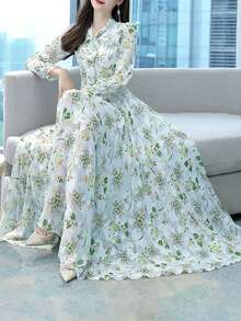 Women's Floral Print Dress - Long Sleeve Waist Cinched Slim Fit, Spring Autumn Fairy Elegant Vacation Midi Dress, Arabic Elegant Style, All Season Daily Wear - 白色 - 查看 3