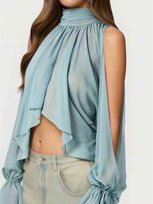 Awevudst Women's Split Bishop Sleeve Flowy Chiffon Blouse Mock Neck Tie Back Dressy Sheer Crop Long Tops Fashionable Petal Sleeve Y2k Loose Fit Asymmetrical Shirt Casual Summer Top Party Club Nigh Wear Going Out Tops Vacation Outfits Women - Màu xanh lam - Xem 2