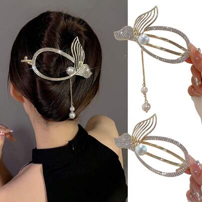 2pcs (Wedding Season) Women's Elegant Pearl & Rhinestone Twisted Tassel Hair Clips, Suitable For Daily, Party, Holiday Hairstyles, Luxurious Hair Accessory Gift