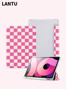 1个粉色棋盘格图案平板电脑保护套，三折支架保护壳，兼容苹果10.2英寸、11英寸（2020/2021款）、（A16）11英寸第11代（2025款）、第9/10代、Air 4代10.9英寸、Galaxy Tab S6 Lite 10.4英寸等机型，防摔，带笔槽，支持睡眠/唤醒功能，实用礼品。 - 彩色 - 查看 3
