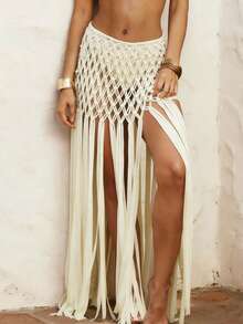 Women's Tassels Fringe Crochet Beach Boho Cover Up Skirt Swimsuit Coverups - 米色 - 查看 1