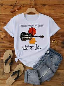 2026 1pc Women's Casual Short Sleeve T-Shirt - Guitar &Amp; Peace Symbol Graphic, Round Neck, Machine Washable, All-Season Comfort, Music Festival Apparel, Nontransparent Fabric, Durable Stitching,Gym Clothes Men,Men Outdoor Shirts Graphic Tee, Perfect For Birthday, Wedding Anniversary,Women's Day & St. Patrick's Day,Special Gifts For Family And Friends. - 白色 - 查看 1