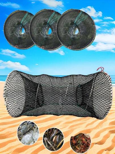 1 pezzo Trappola da pesca pieghevole, adatta per granchi, pesci piccoli, gamberi di fiume e gamberetti - Gabbia per esca portatile in nylon, colore nero - Materiale PA durevole, colori misti, ideale per la pesca di gamberetti e gamberi di fiume, esca adatta per la pesca all'aperto, campeggio, sopravvivenza