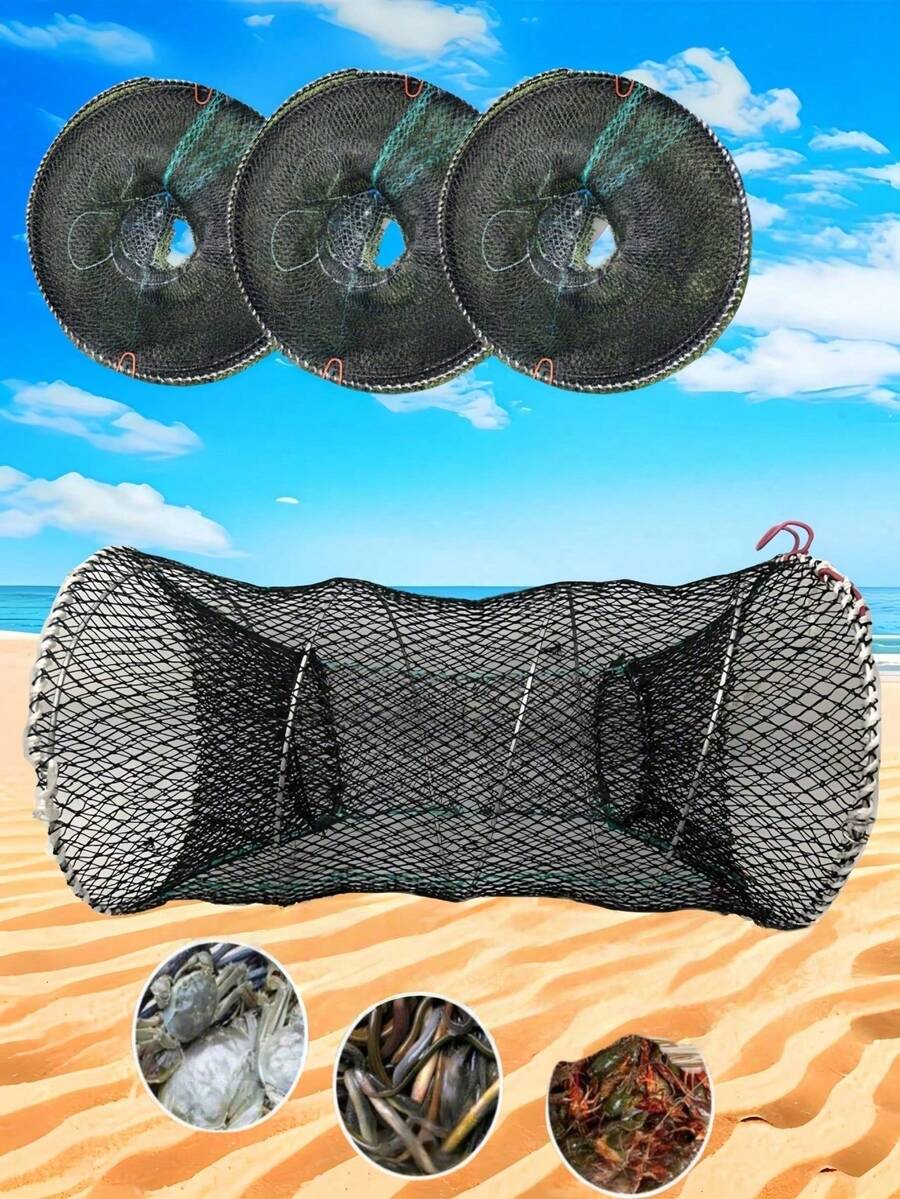 1pc Foldable Fishing Trap, Suitable For Crab, Small Fish, Crawfish And Shrimp - Portable Nylon Bait Cage, Black - Durable PA Material, Mixed Color, Ideal For Shrimp And Crawfish Fishing, Bait Suitable For Outdoor Fishing, Camping, Survival
