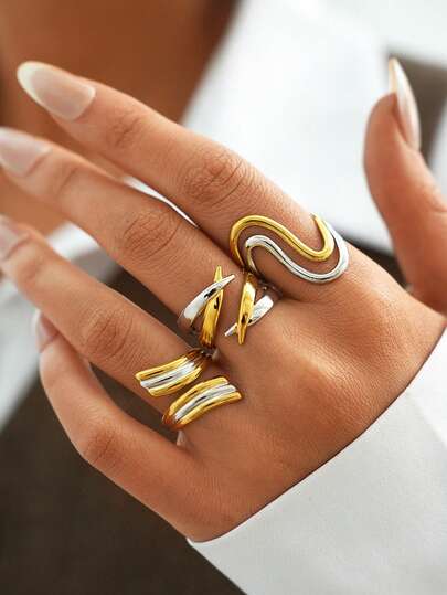 3pcs/1pc Vintage Design Glossy Stripe 18k Gold Plated Stainless Steel Ring Jewelry Set, High Quality Accessories For Women, Stackable Women's Jewelry Gifts Suitable For Special Occasions Such As Date Parties, Anniversaries, Exquisite Women's Jewelry Gifts