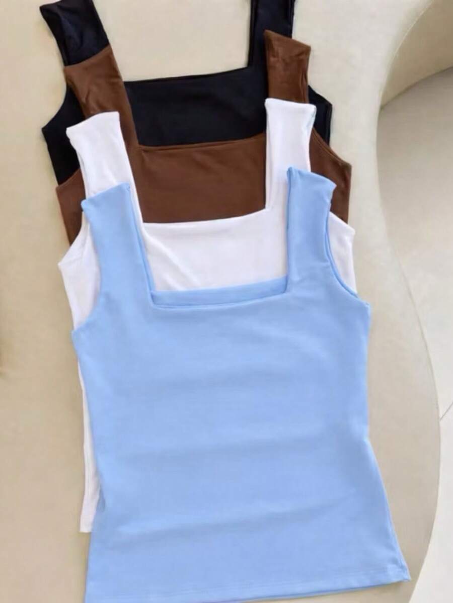 Set Of 4 Women's Tank Tops With Square Neckline, Straight Leg, Suplex Fabric, Summer Basic Plain, Fashionable, Elegant, , Blogger Style - 藍 白 棕 黑 - 查看 1