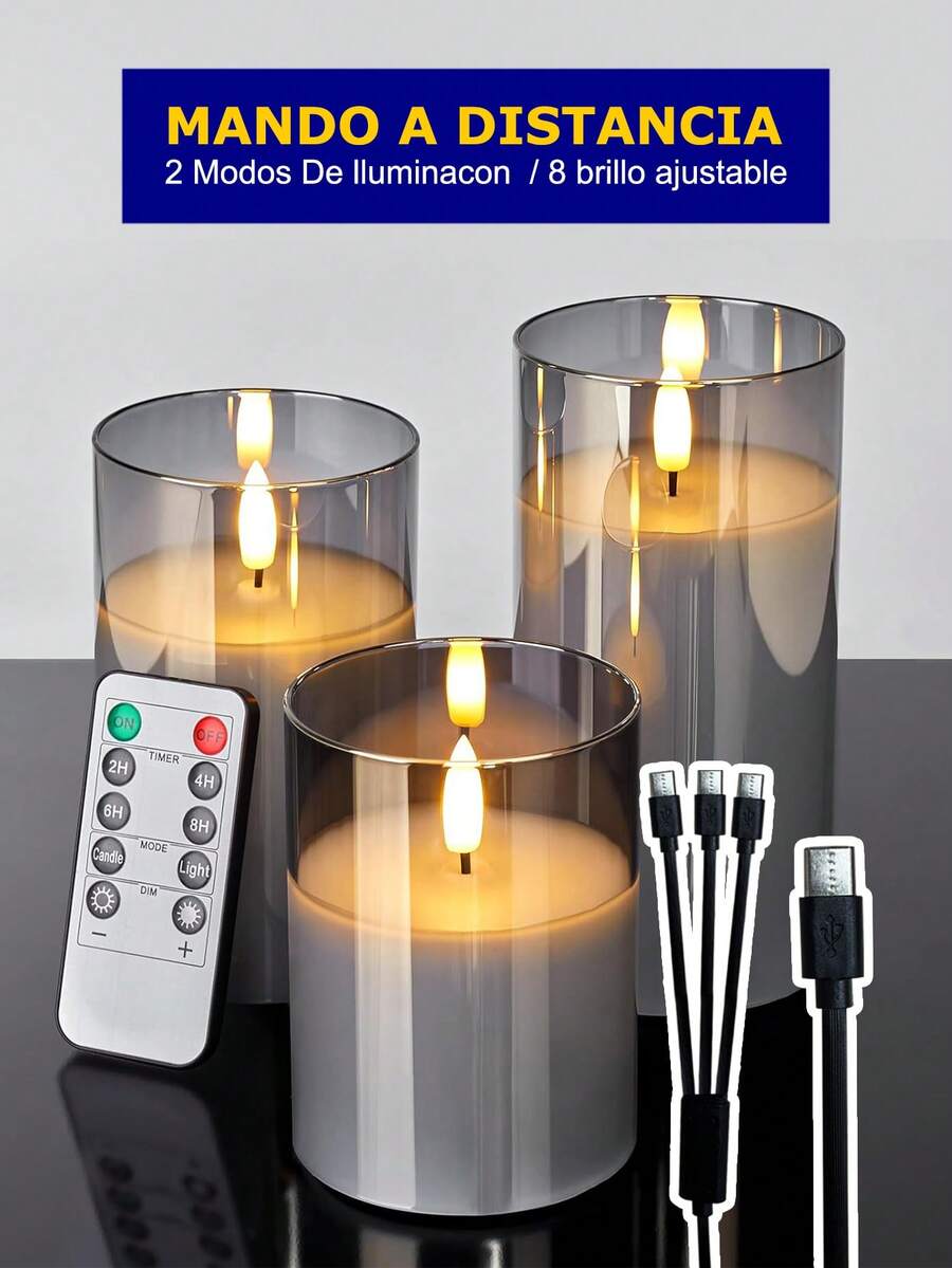 3入組可充電蠟燭燈,可調亮度與定時遙控,USB充電附3頭Type-C充電線,生日婚禮裝飾道具,適用聖誕節、萬聖節、情人節禮物 - 灰色款 - 查看 1