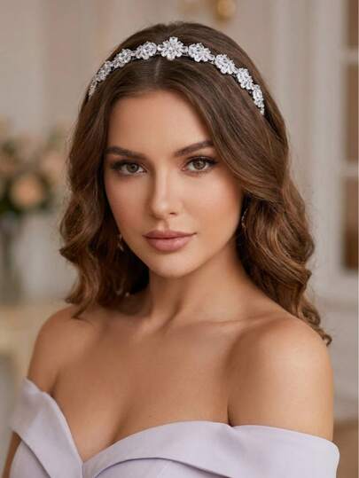 1PC Hand-Set AAA Cubic Zirconia Flower Cluster Headband – Ultra-Lightweight 29g Silver-Tone Wedding Tiara, Elegant Sparkling Bridal Hair Accessory For Prom, Gala & Formal Events