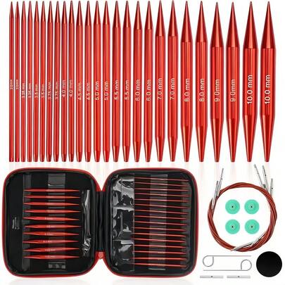 1 Set de 13 agujas de tejer redondas intercambiables - 13 tamaños de puntas de agujas de tejer intercambiables de aluminio, 4 cables duraderos, con estuche para agujas - codificadas por color y etiquetadas, agarre ergonómico, ligero y duradero, adecuado para tejer, ganchillo, tejer - Excelente para principiantes y experimentados (colores de agujas aleatorios)