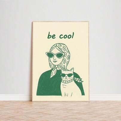 1pc "Be Cool" Character Cat Art Poster, Vintage Line Art Print, Minimalist Wall Art, Unframed Canvas Print, Suitable For Multiple Scenes, Room Decor, Living Room, Bedroom, Kitchen, Bathroom, Entryway, Hallway, Walls, Apartment.