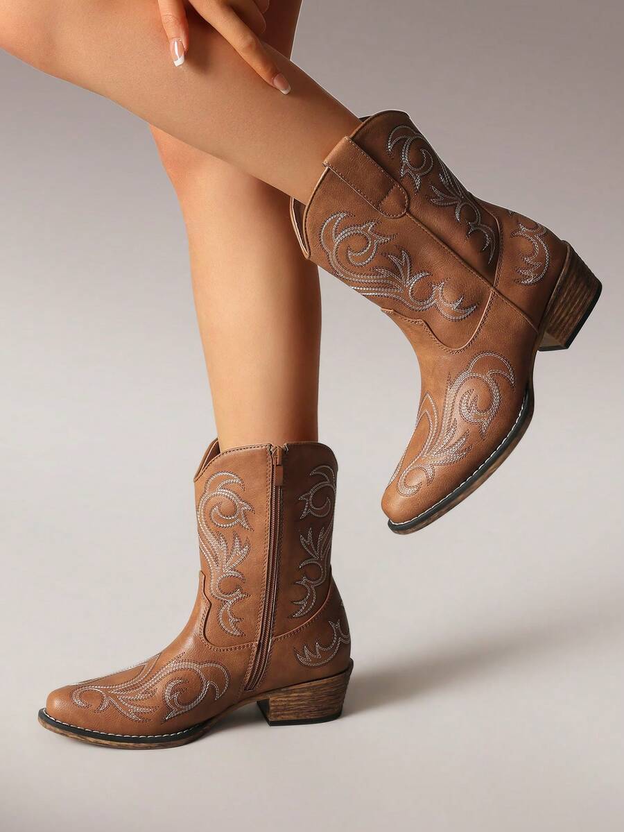 Women's Cowboy Western Boots Embroidered Stitched Square Toe Chunky Heel Short Ankle Booties With Zipper - Cà phê nâu - Xem 1