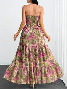 Women's Gothic Sexy & Elegant Contrast Striped Print V-Neck Spaghetti Strap Double-Layer Flared Mesh Multi-Layer Dress, Suitable For Dates, Vacations And Everyday Wear - Multicolor - View 3