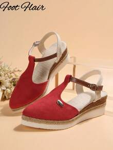 Sandales de plage à semelle compensée épaisse avec bout ouvert en corde pour femmes grandes tailles. Sandales romaines confortables et polyvalentes à la mode pour le printemps/été - Rouge - Voir 7