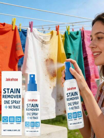jakehoe 1瓶/100毫升织物清洁喷雾，温和清洁多种面料衣物，日常便携清洁喷雾，温和配方，不伤织物，保护颜色和纤维。快速溶解油脂和污渍，无需水洗。轻轻一喷即可清洁除臭，不留残留。清新香氛，去除异味。方便外出使用，无需擦洗或漂洗。适用于：日常衣物（领口、袖口、边缘）、外出用餐紧急情况（油渍、咖啡渍、口红印）、家用纺织品和织物。