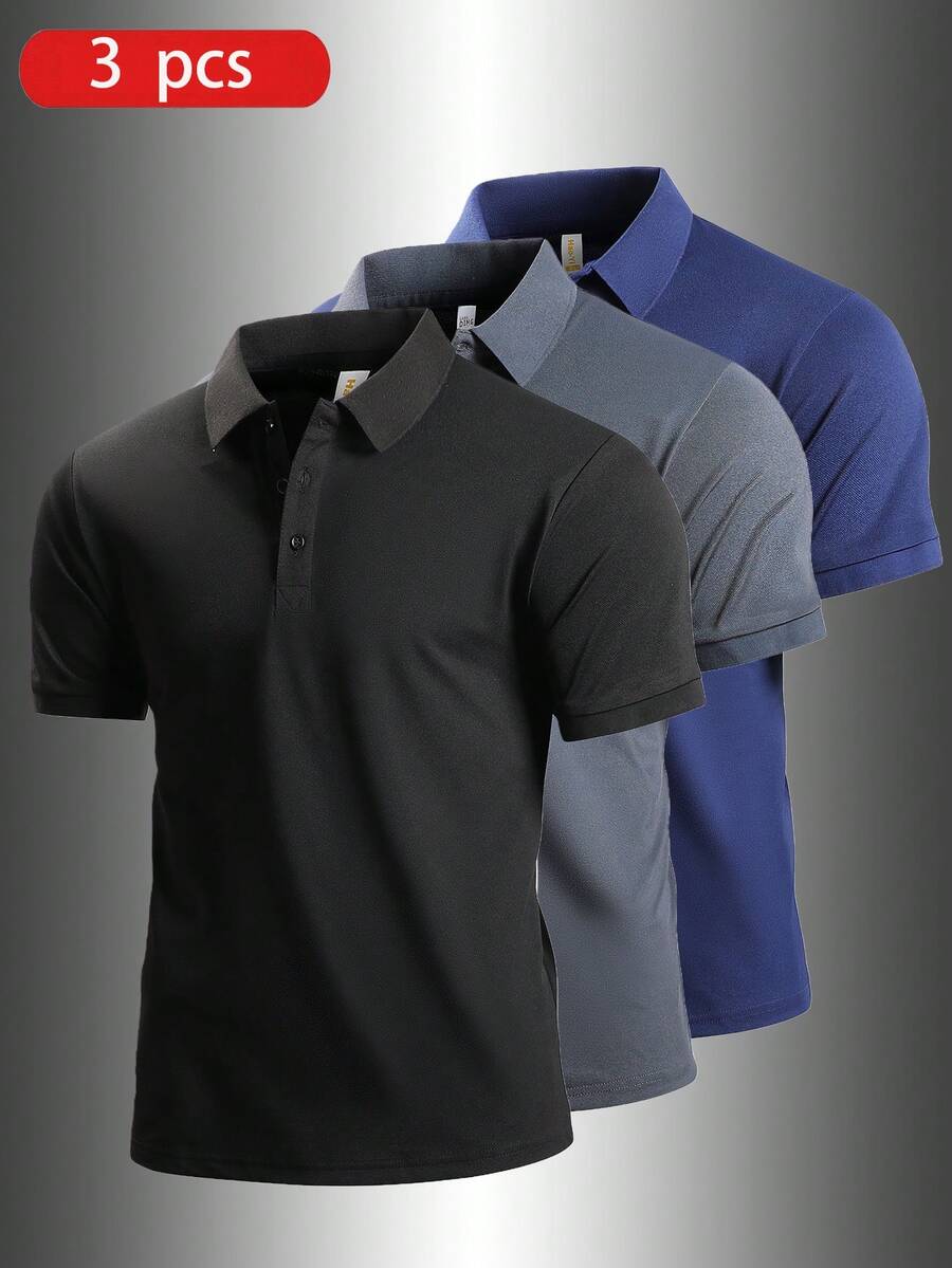 3pcs Boyfriend Style Men's Lightweight Breathable Running Fitness Casual Short Sleeve Polo Shirt T-Shirt Set, Summer - Multicolor - View 1