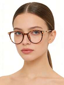 1 pieza Gafas decorativas de mujer con estampado de leopardo redondo y retro, adecuadas para uso diario y fotografía callejera - Multicolor - Ver 9