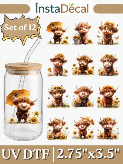 Set de 12 pegatinas de transferencia UV DTF (7x9cm) de terneros de las tierras altas para bebé, sin necesidad de calor, con diseños adorables de flores, girasoles, rosas rosadas, moños y terneros, en estilo occidental, bohemio y de granja, impermeables y para aplicar en tumblers, tazas, portátiles, botellas de agua y manualidades