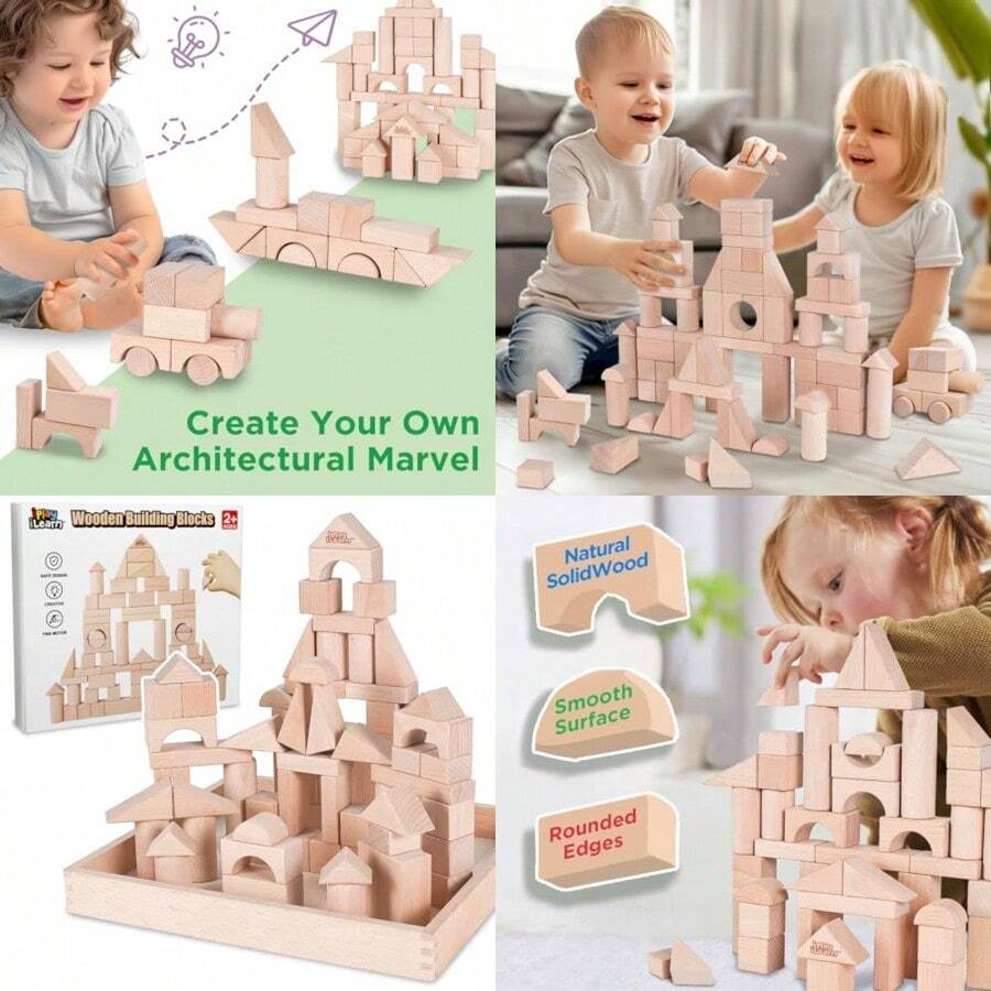 IPlay ILearn Kid Wooden Building Block Set Toddler Natural Wood Block Montessori Learning Toy Large Hardwood Stacking Brick Castle Unit Preschool Classroom Gift 2 3 4 5 6 8 Year Old Boy Girl Child - As Pic - View 1