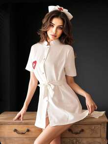 1 Set Nuevo Conjunto de Disfraz de Enfermera de Moda de 3 Piezas, Vestido Blanco Puro Uniforme de Doctora para Mujer, Conjunto de Juego de Roles para el Día de San Valentín y Halloween - Blanco - Ver 4