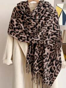 1pc Women's Leopard Print Cashmere Scarf, Tasseled Warm Shawl, Comfortable Large Wrap, Windproof & Warm For Outdoor, Minimalist Versatile Daily Wear - Black Rice - View 4
