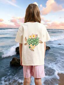 1件少女印花短袖T恤，学生青少年服装，夏季儿童礼物 - 杏色 - 查看 2