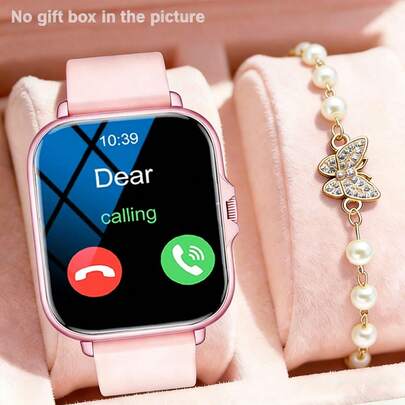 Set de 2 piezas: Reloj inteligente de 1.53" con correa de silicona para mujer, pantalla de alta definición, llamadas, recepción de mensajes, múltiples modos deportivos, reproducción de música, compatible con iOS y Android, emparejado con pulsera de cristal de mariposa y perla, adecuado para uso diario, festivales, regalos, atuendo diario, deportes al aire libre, escuela y otras ocasiones