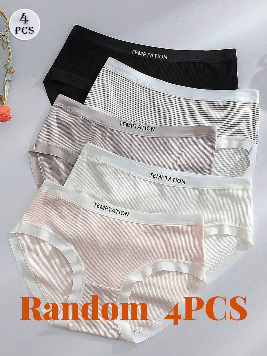 4 piezas/paquete Bragas cómodas de cintura baja y sexy con estampado de letras japonesas de unicolor aleatorio para mujeres estudiantes - Multicolor - Ver 1