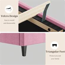 Base de Cama con Cabecero Tapizado, Estructura de Plataforma Resistente con Lamas de Madera Reforzadas, No Necesita Somier, Sin Ruido, Fácil Montaje - Rosa - Reina - Ver 6