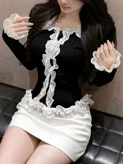 Women's French Lace Trim Long Sleeve Cardigan Sweater, Fitted, Suitable For Autumn/Winter, Sweet Girly Style, Suitable For Daily Wear And Dates, Long Sleeve Top Black