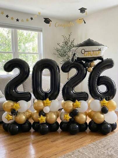 73pcs/Set 32-Inch Black Number "2026" Foil Balloons, Graduation Party Decorations, Graduation Cap Shaped Foil Balloons, 2026 Graduation Party Balloon Bouquet, 10-Inch Black/Gold/White Latex Balloons, Suitable For Grad 2026, Graduation Balloon Wreath Decor