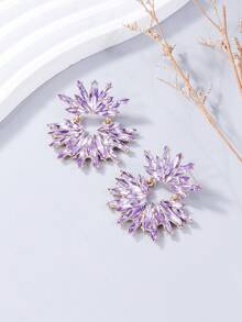 juran 1 Pair Rhinestone Embellished Exaggerated Sparkling Crystal Floral Dangle Earrings - Purple - View 3