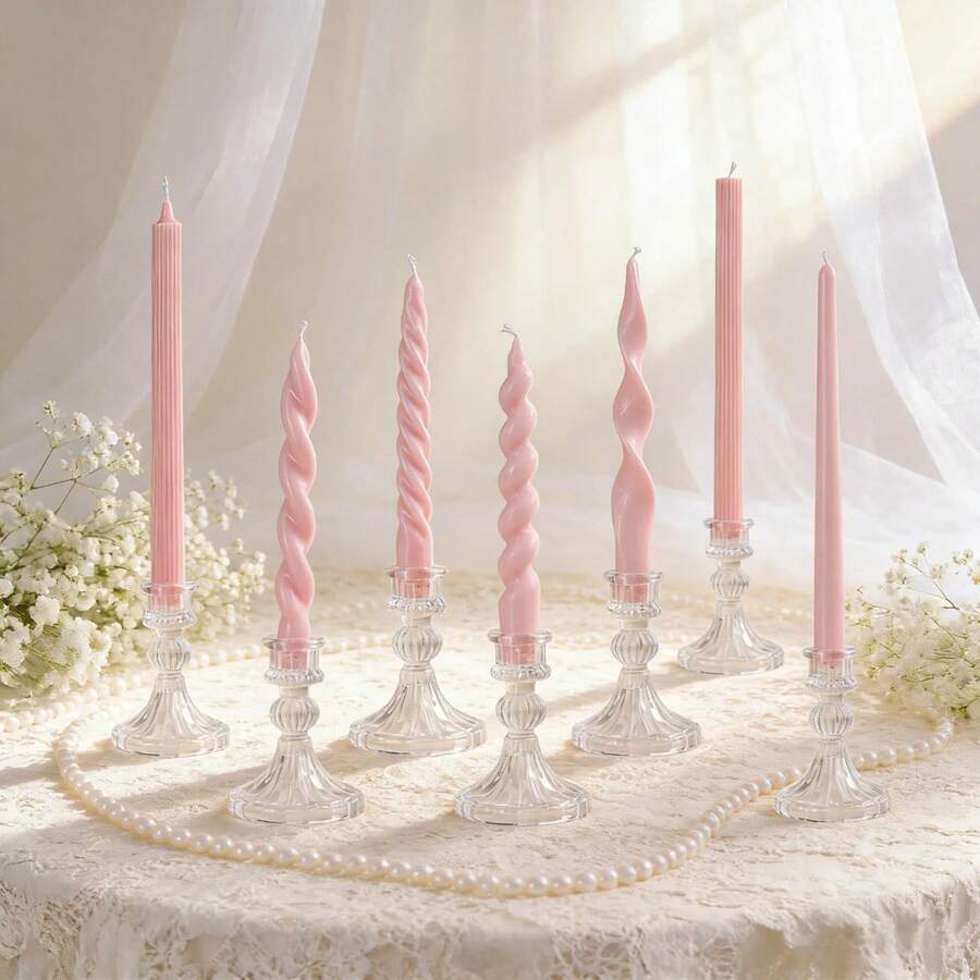 1支18厘米（7.08英寸）粉色多风格长柄蜡烛，适用于酒店、香薰、氛围营造、桌面装饰，欧式浪漫风格，适用于婚礼、西式餐饮、婚礼装饰、香薰礼品和男女皆宜的礼品。也适用于户外野餐和应急照明。 - 彩色 - 查看 1