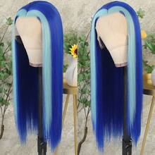 13X4 Pink & Brown Lace Front Wigs Pre Plucked Soft Free Part Long Straight Wigs Glueless Pink Skunk Stripe Wig Wear And Go Wig Heat Resistant Fiber Hair Synthetic Lace Front Wigs For Fashion Women For Daily Christmas Party Cosplay Use - 挑染藍色 - 查看 4