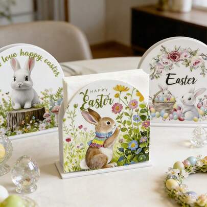1/5pcs Easter Acrylic Napkin Stand With Bunny, Eggs And "Happy Easter" Design And Freestanding Tissue Holder, Perfect As A Easter Centerpiece For Your Kitchen Table.