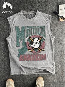 Men's Printed Vintage Washed Vest, Loose Fit, Casual Street Style, A Must-Have For The Gym. - Màu Xám nhạt - Xem 1