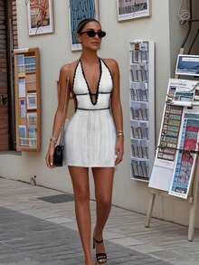 Women's Summer Vacation Contrast Color Trim Backless Halter Knit Dress - Black and White - View 2