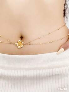 1pc Women's Gold Metal Five-Leaf Flower Beaded Chain Waist Belt, Sexy Elegant Waist Chain Jewelry For Bikini, Beach (Beads Random) - Yellow Gold - View 2