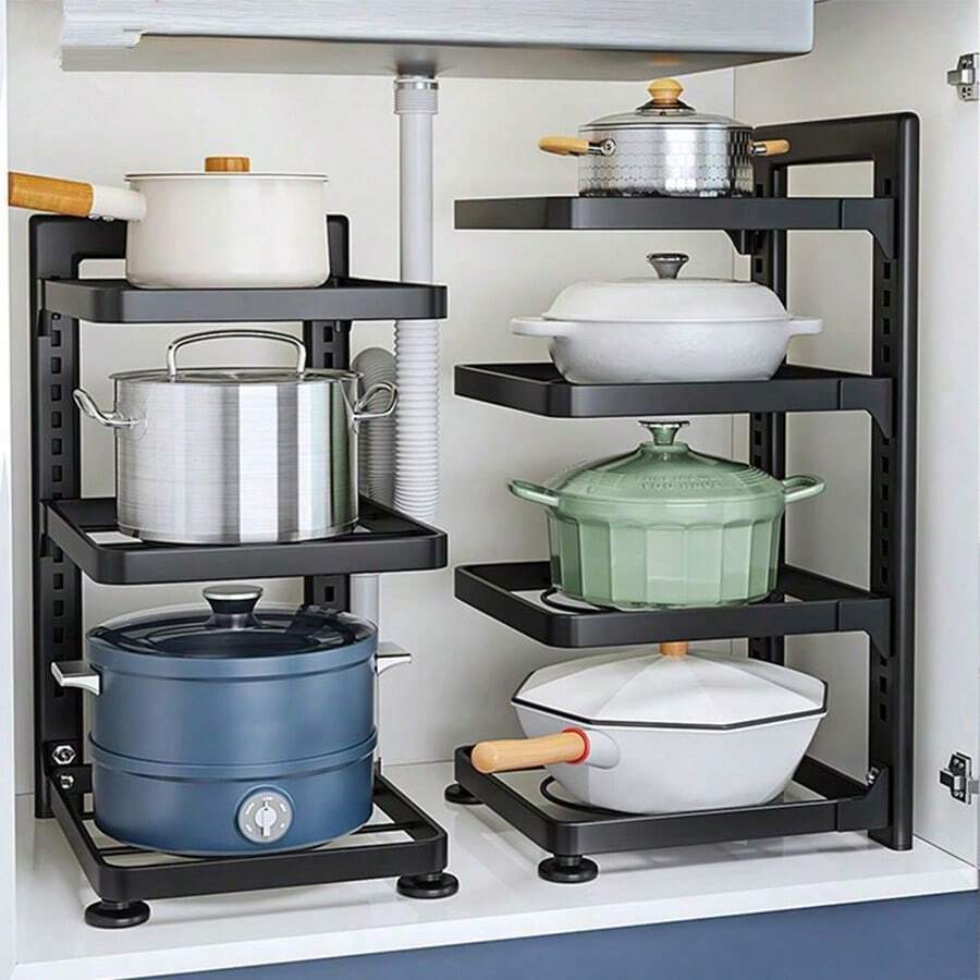 1pc Stainless Steel Pot Holder Rack, Multi-Layer Kitchen Organizer Shelf For Sink Cabinet - Black - View 1