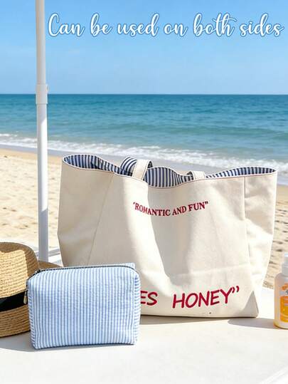 2Pcs Reversible "YES HONEY" Canvas Tote Bag & Striped Pouch Set, Double-Sided Large Capacity Beach Tote With Matching Cosmetic Bag, Ideal For Beach Towels, Sunscreen, Cosmetics, Phones, Wallets & Daily Essentials, Perfect For Beach Trips, Summer Vacations, Picnics, Shopping, Travel & Gifting, Versatile As Beach Bag, Reusable Tote, Cosmetic Organizer & Summer-Themed Gift For Stylish, Practical On-The-Go Use