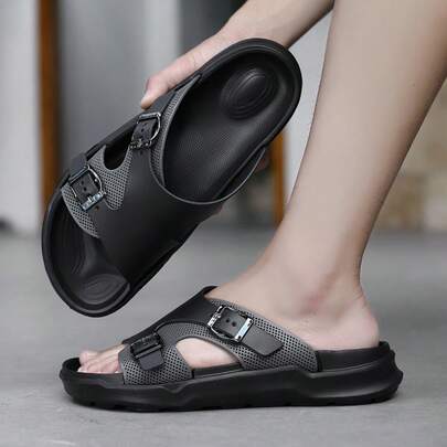 Plus Size Men's Leather Sandals, Outdoor Sports Dual-Use Slip-On Slippers, Non-Slip Soft Sole Driving Shoes, Open Toe Beach Flip Flops