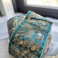 100厘米刺绣欧根纱缎带 - 花卉和菱形图案，饰以金色金属光泽，高品质面料，适合DIY服装、配饰、家居装饰 - 多种颜色可选，可用作缝纫饰边、时尚装饰和闪亮点缀 - 綠色 - 查看 11